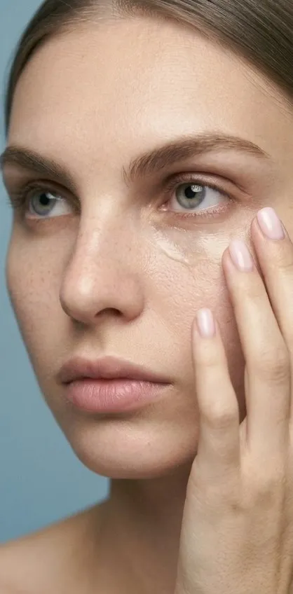 Primer plano de los ojos de la modelo dándose toquecitos de contorno con el dedo anular