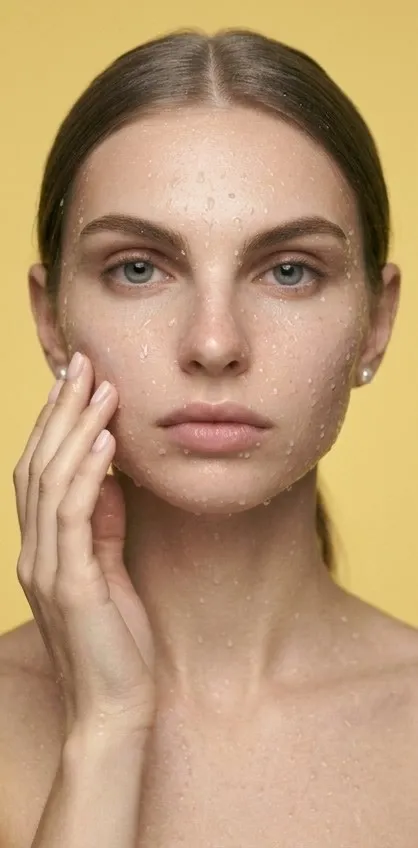 Modelo con el rostro mojado por gotas de agua roza su mejilla con los dedos