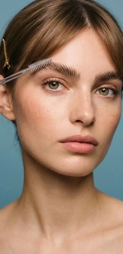 Modelo se peina las cejas hacia arriba con un cepillo de gel transparente