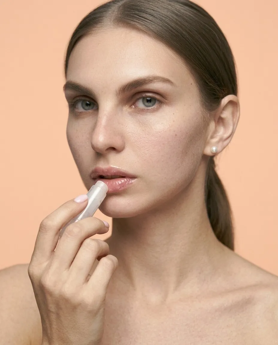 Modelo con los hombros desnudos se aplica un bálsamo labial transparente en el labio inferior