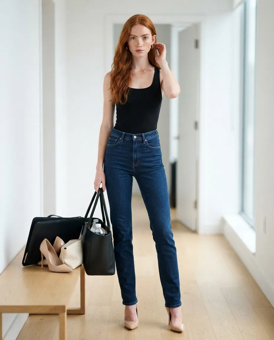 Modelo pelirroja con camiseta de tirantes negra, vaqueros oscuros y tacones nude, con su bolso de casting en el pasillo de una agencia