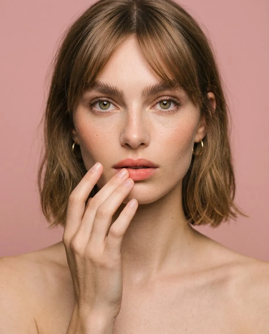 Primer plano de una modelo de melena castaña clara con los labios en un tono melocotón difuminado