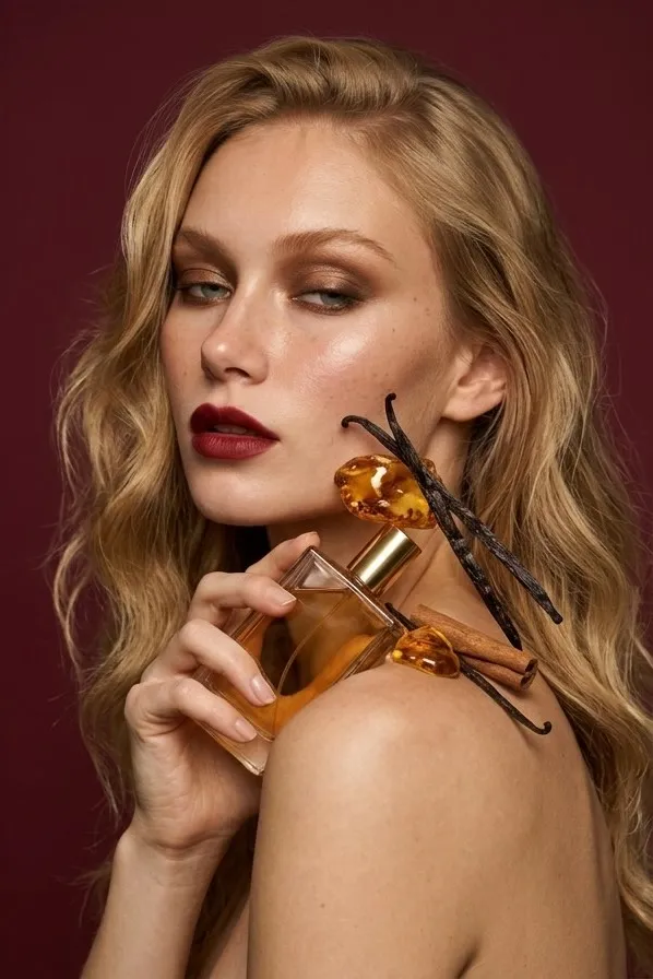 Modelo con labios rojos sostiene un frasco color miel con trozos de ámbar, vainilla y canela