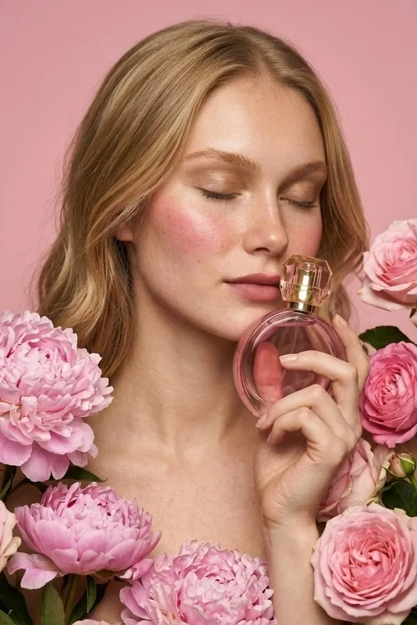 Modelo con los ojos cerrados huele un frasco de perfume rosado rodeada de peonías y rosas