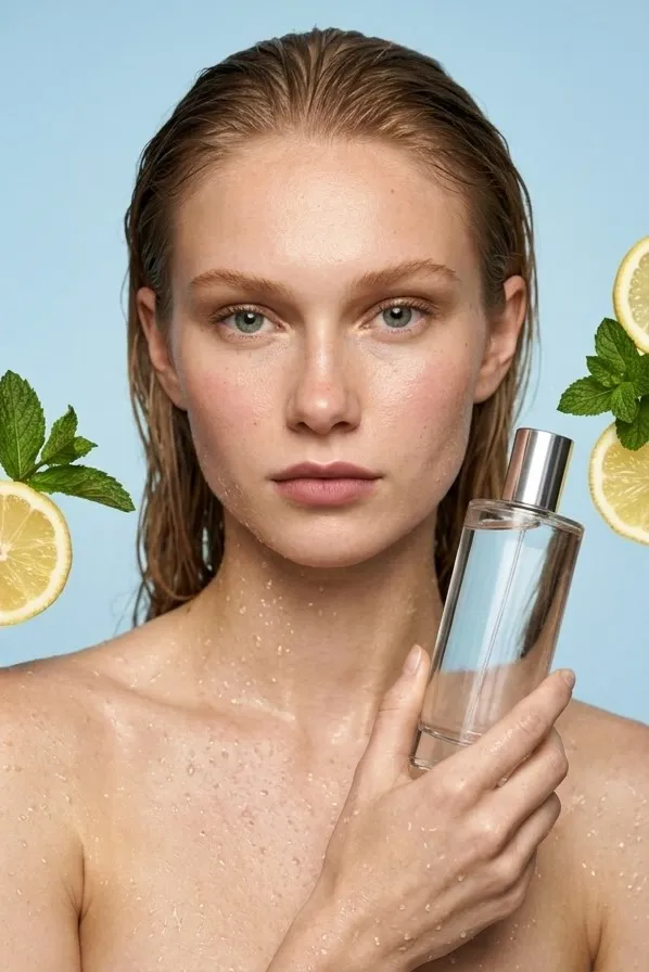 Modelo con el pelo mojado y gotas de agua sostiene un frasco transparente junto a rodajas de limón y menta